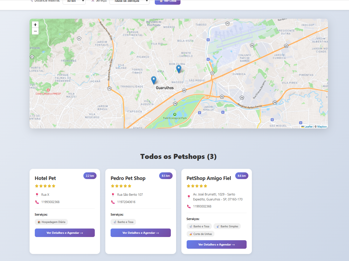 Portal público com mapa de petshops